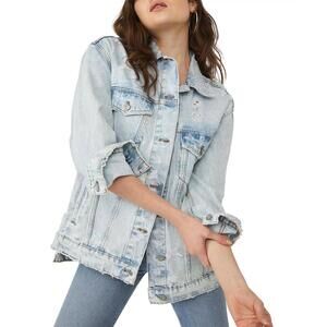 065 Free People We The Free Destroyed Long & Lean Denim Jacket (Small, EUC)